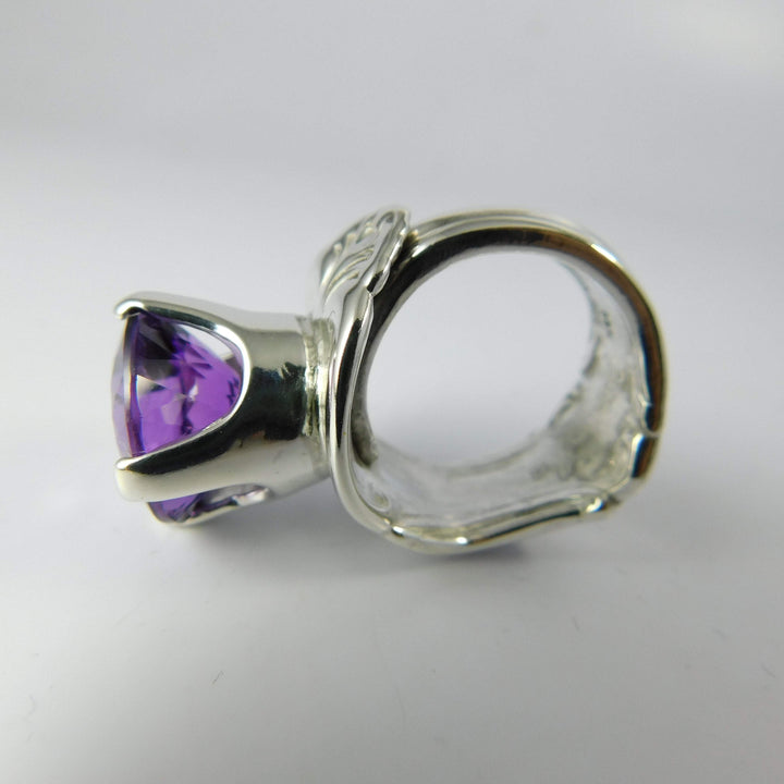 Amethyst Princess Spoon Ring, Sterling Silver with Prong-Set Natural Amethyst Gemstone