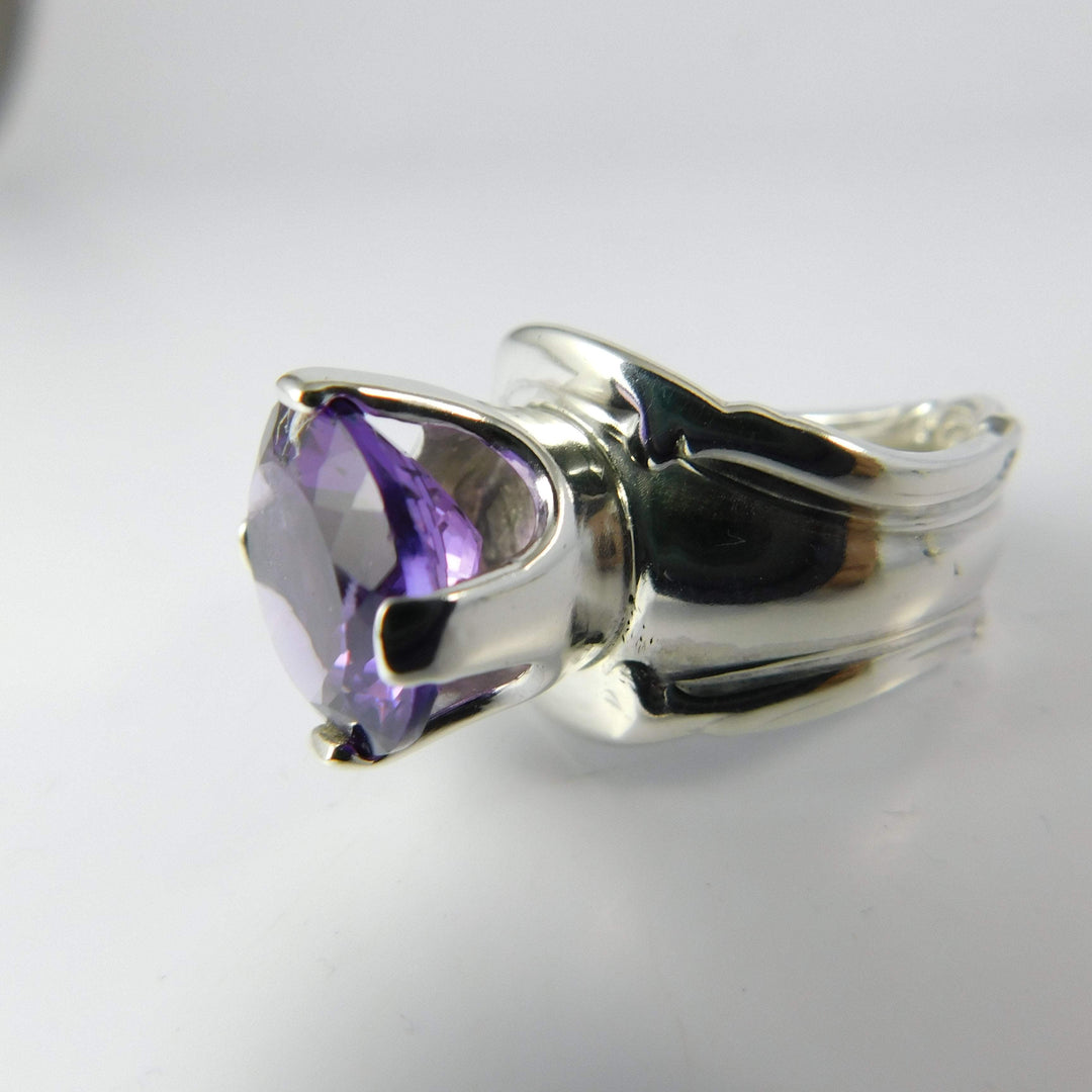 Amethyst Princess Spoon Ring, Sterling Silver with Prong-Set Natural Amethyst Gemstone