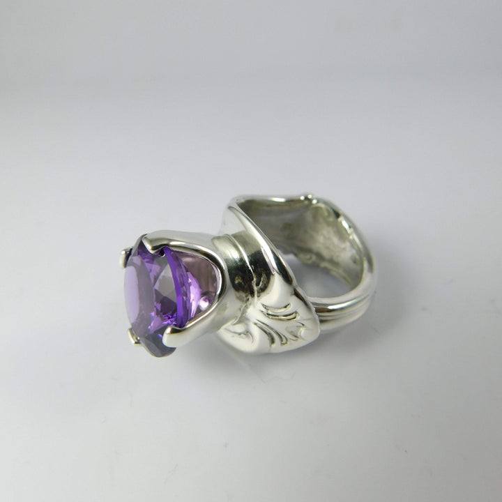 Amethyst Princess Spoon Ring, Sterling Silver with Prong-Set Natural Amethyst Gemstone