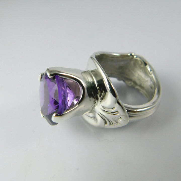 Amethyst Princess Spoon Ring, Sterling Silver with Prong-Set Natural Amethyst Gemstone
