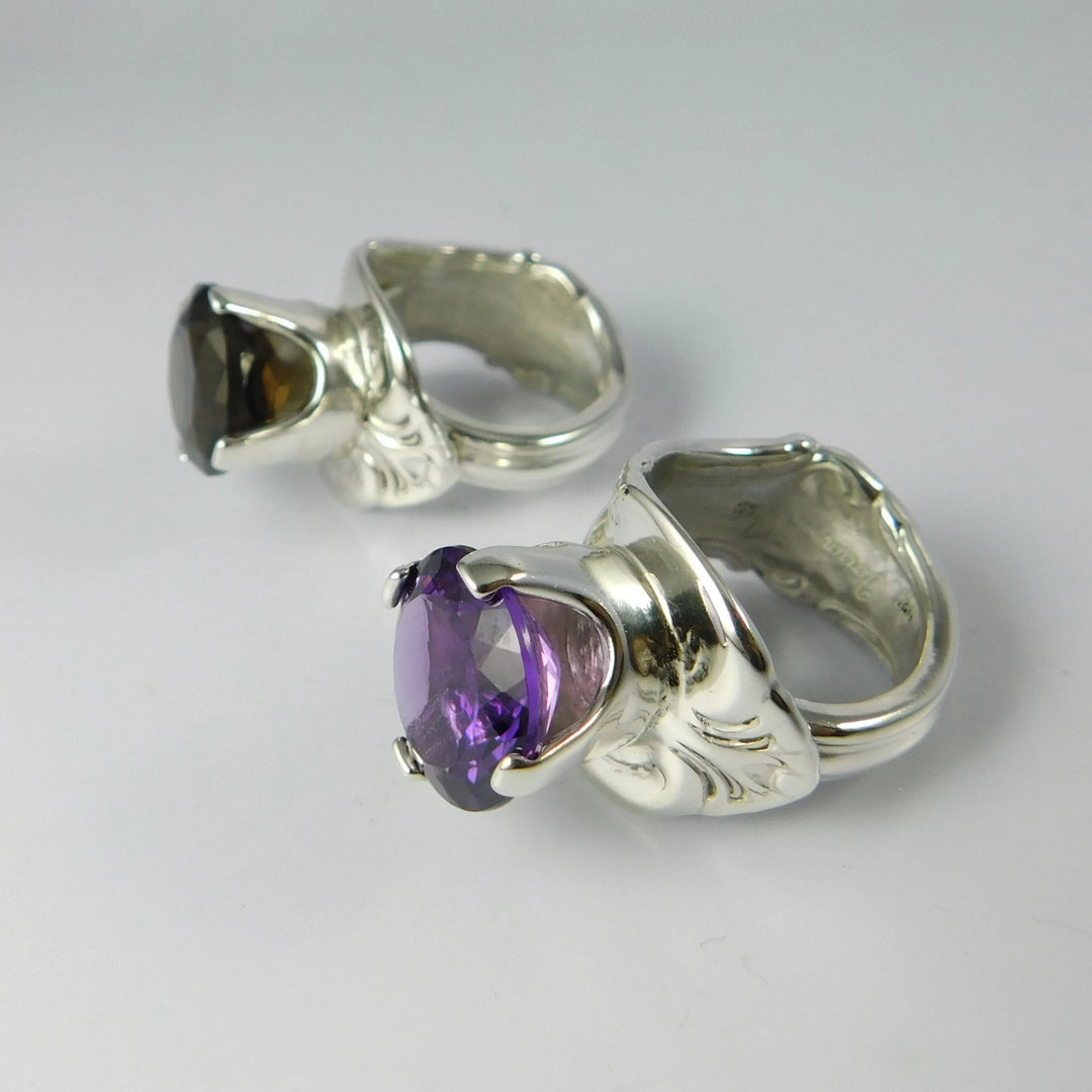 Amethyst Princess Spoon Ring, Sterling Silver with Prong-Set Natural Amethyst Gemstone