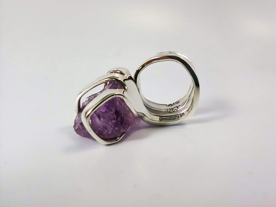 Silver Cocktail Fork Cocktail Ring, with a Raw Amethyst Gemstone