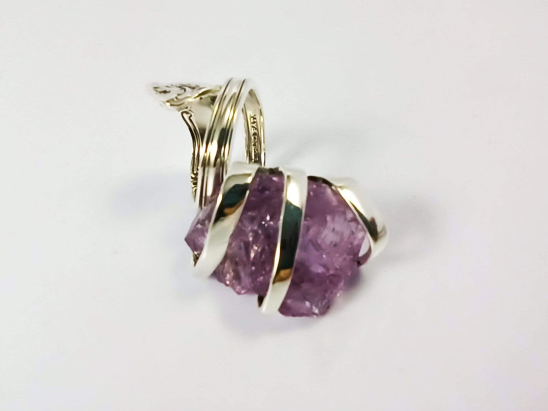 Silver Cocktail Fork Cocktail Ring, with a Raw Amethyst Gemstone