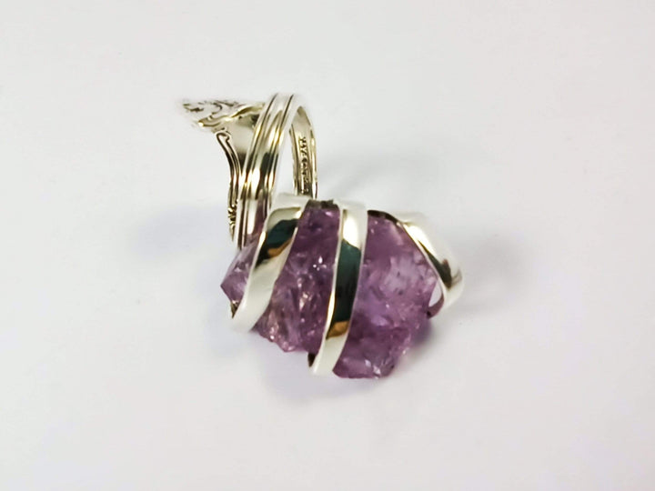 Silver Cocktail Fork Cocktail Ring, with a Raw Amethyst Gemstone