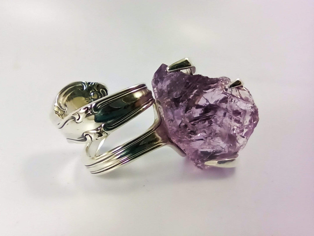 Silver Cocktail Fork Cocktail Ring, with a Raw Amethyst Gemstone
