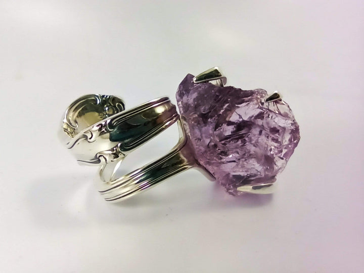 Silver Cocktail Fork Cocktail Ring, with a Raw Amethyst Gemstone