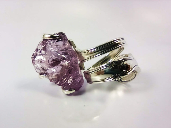 Silver Cocktail Fork Cocktail Ring, with a Raw Amethyst Gemstone