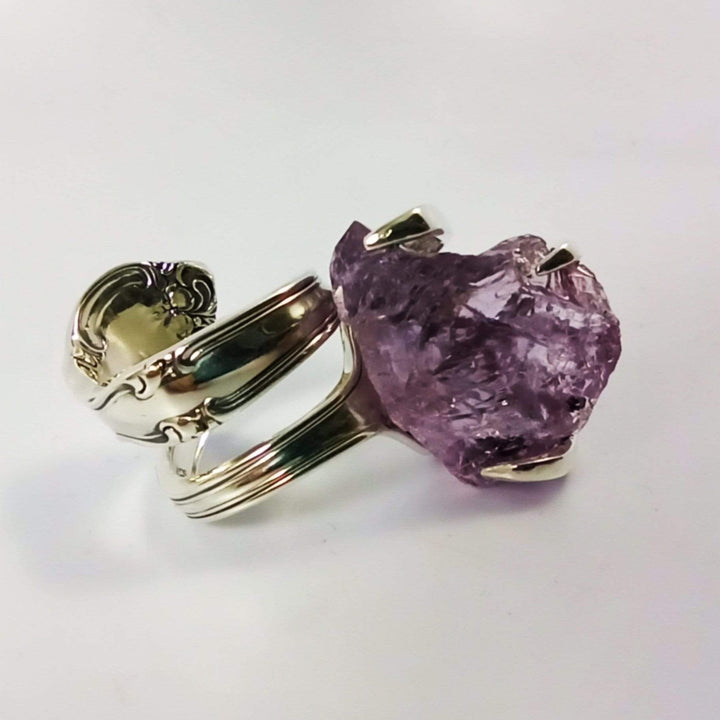 Silver Cocktail Fork Cocktail Ring, with a Raw Amethyst Gemstone