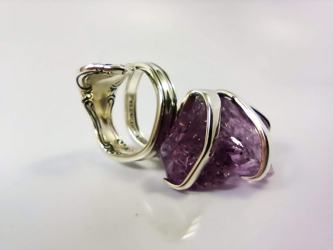 Silver Cocktail Fork Cocktail Ring, with a Raw Amethyst Gemstone