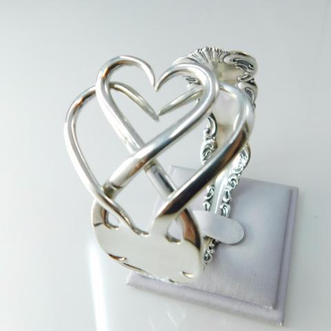 Double Heart Silver Fork Cuff Bracelet