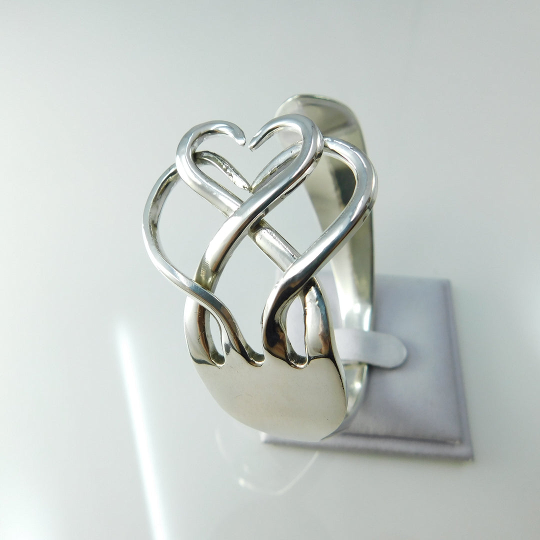 Double Heart Sterling Silver Fork Cuff Bracelet