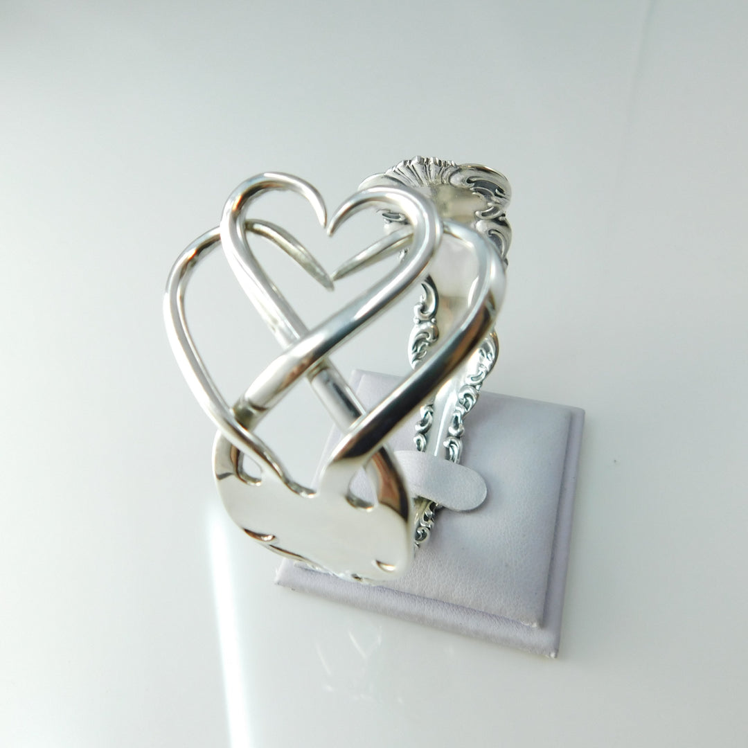 Double Heart Sterling Silver Fork Cuff Bracelet