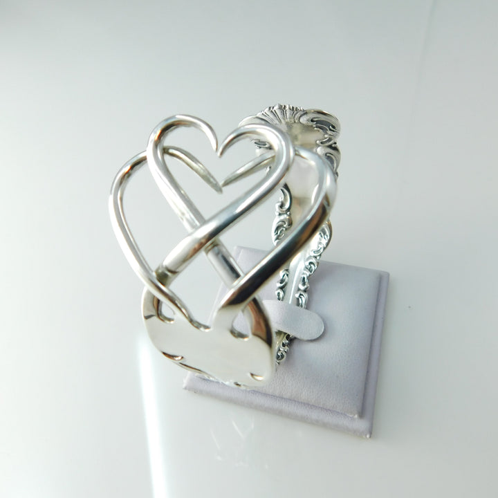 Double Heart Sterling Silver Fork Cuff Bracelet