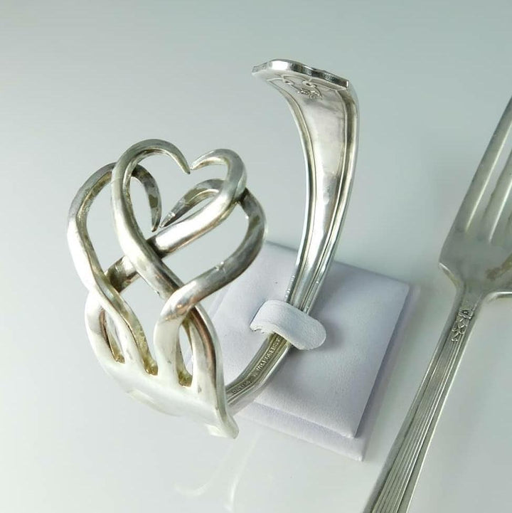 Double Heart Sterling Silver Fork Cuff Bracelet
