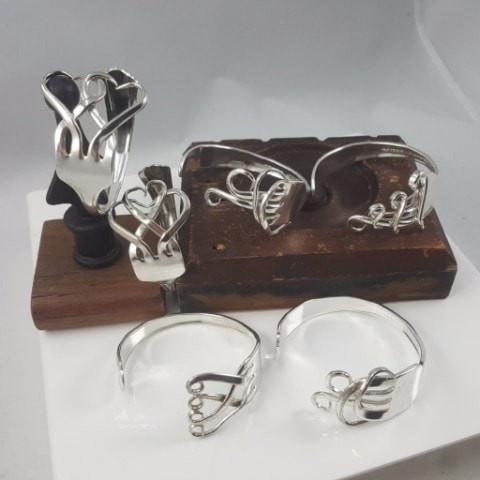 Double Heart Sterling Silver Fork Cuff Bracelet