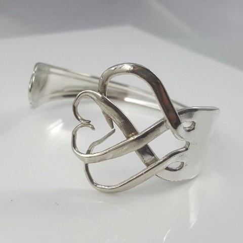 Double Heart Sterling Silver Fork Cuff Bracelet