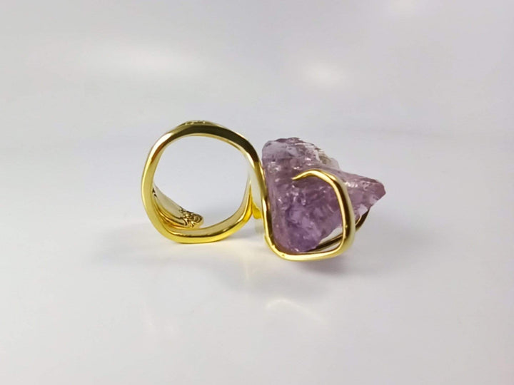 Gold Cocktail Fork Cocktail Ring, with a Raw Amethyst Gemstone, Spoon Ring
