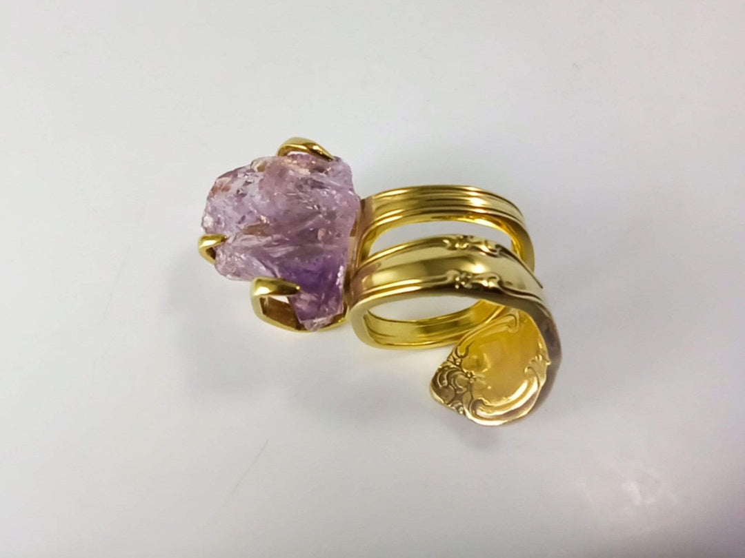 Gold Cocktail Fork Cocktail Ring, with a Raw Amethyst Gemstone, Spoon Ring