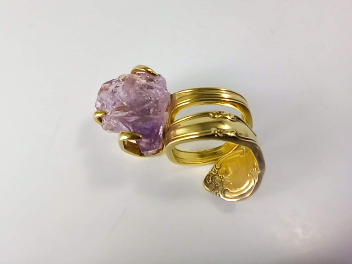 Gold Cocktail Fork Cocktail Ring, with a Raw Amethyst Gemstone, Spoon Ring