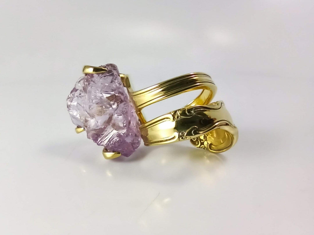 Gold Cocktail Fork Cocktail Ring, with a Raw Amethyst Gemstone, Spoon Ring