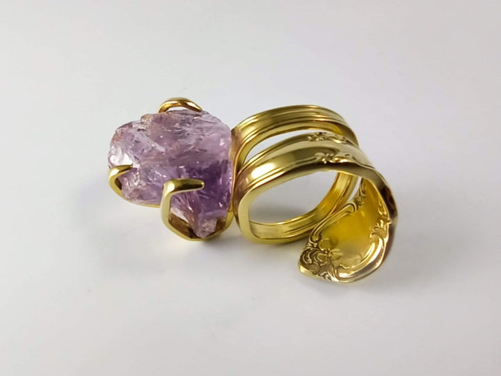 Gold Cocktail Fork Cocktail Ring, with a Raw Amethyst Gemstone, Spoon Ring