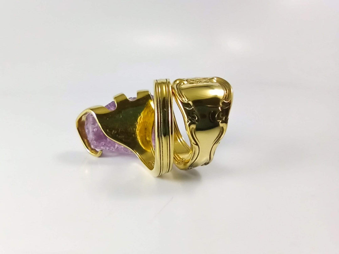 Gold Cocktail Fork Cocktail Ring, with a Raw Amethyst Gemstone, Spoon Ring
