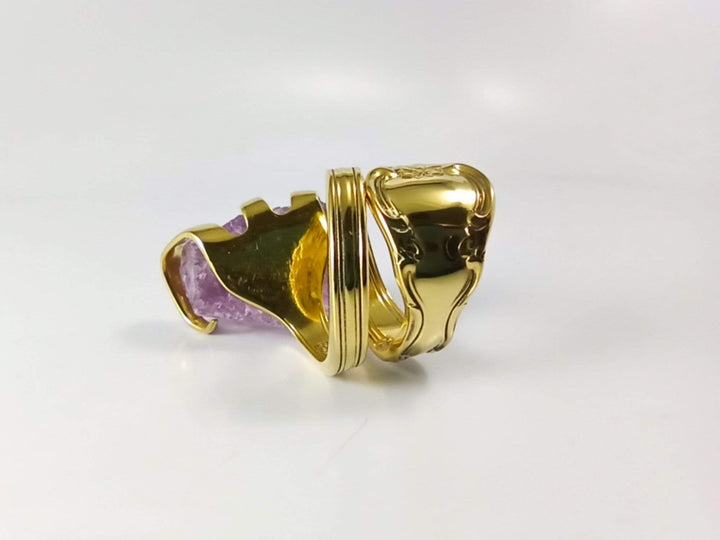 Gold Cocktail Fork Cocktail Ring, with a Raw Amethyst Gemstone, Spoon Ring