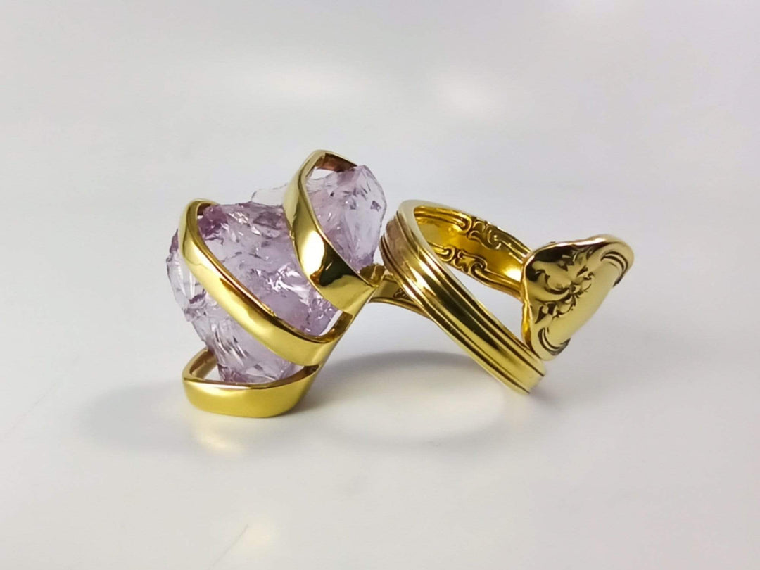 Gold Cocktail Fork Cocktail Ring, with a Raw Amethyst Gemstone, Spoon Ring