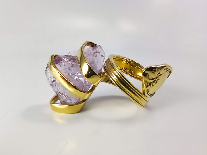 Gold Cocktail Fork Cocktail Ring, with a Raw Amethyst Gemstone, Spoon Ring