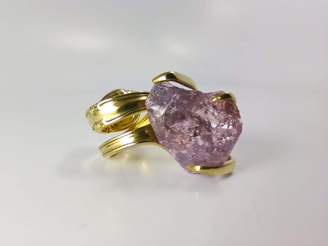 Gold Cocktail Fork Cocktail Ring, with a Raw Amethyst Gemstone, Spoon Ring