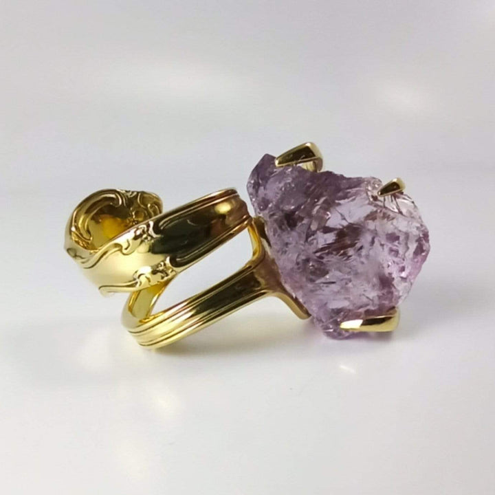 Gold Cocktail Fork Cocktail Ring, with a Raw Amethyst Gemstone, Spoon Ring
