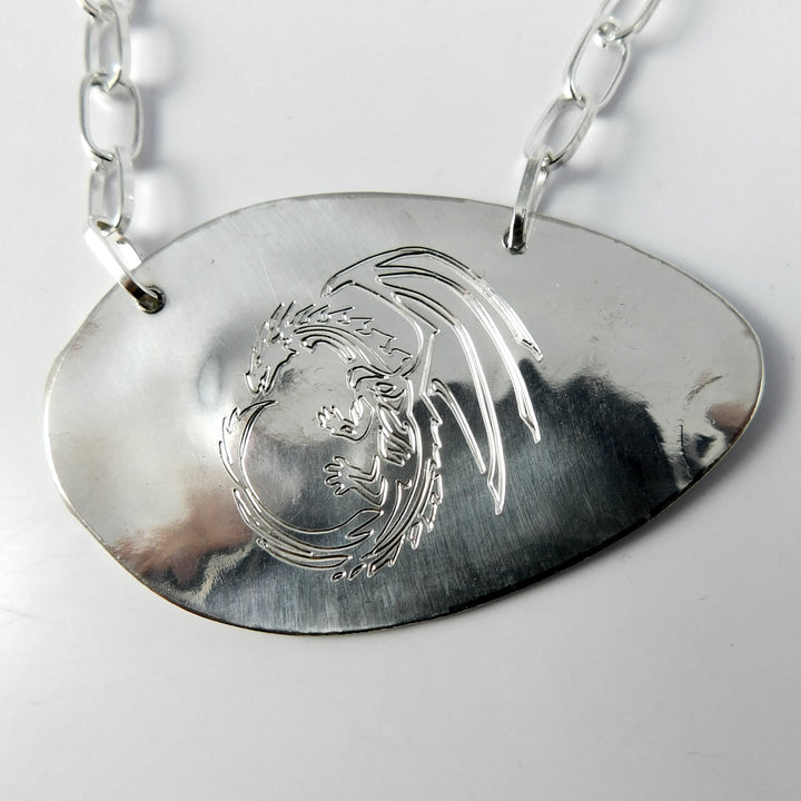 Engraved Dragon Silver Spoon Necklace