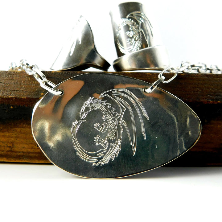 Engraved Dragon Silver Spoon Necklace
