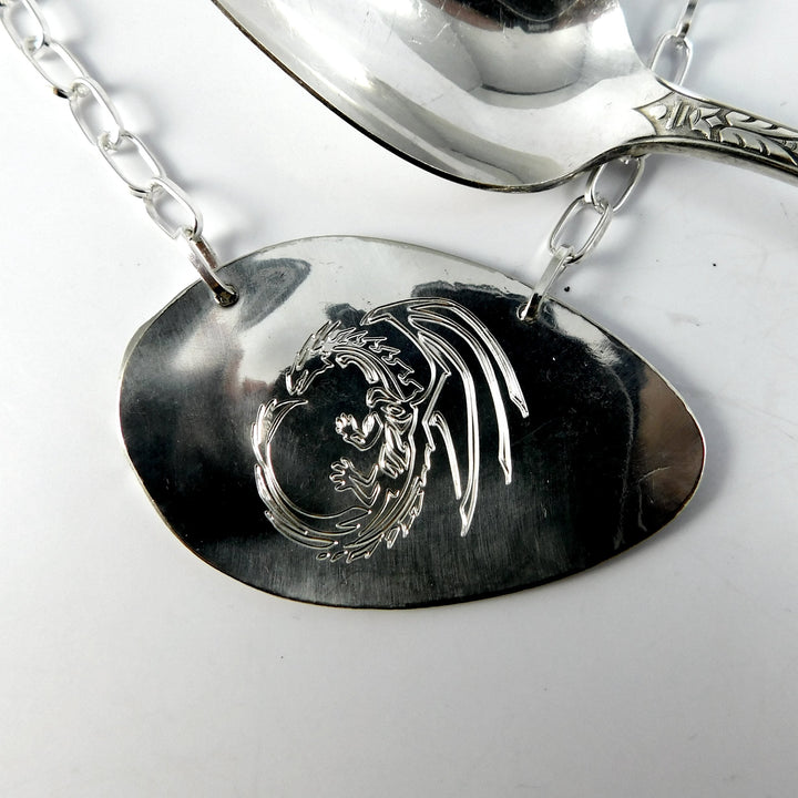Engraved Dragon Silver Spoon Necklace
