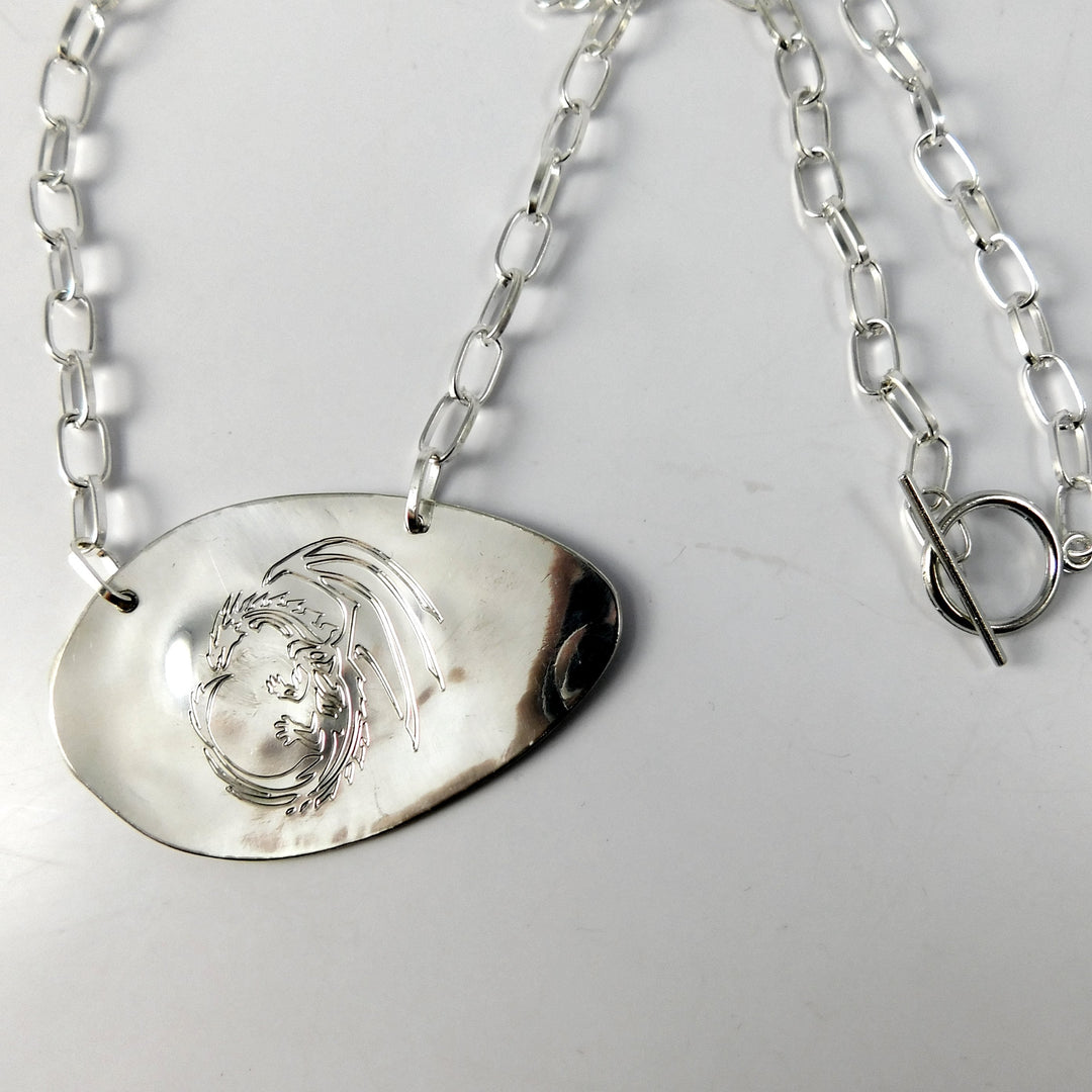 Engraved Dragon Silver Spoon Necklace