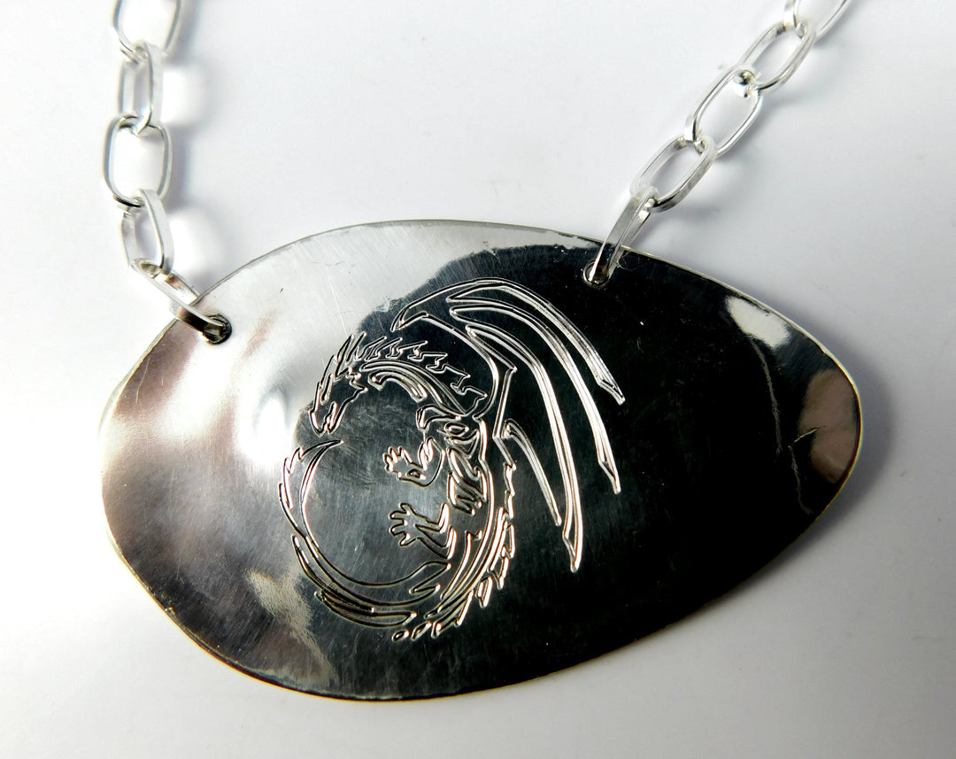 Engraved Dragon Silver Spoon Necklace