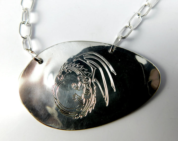 Engraved Dragon Silver Spoon Necklace