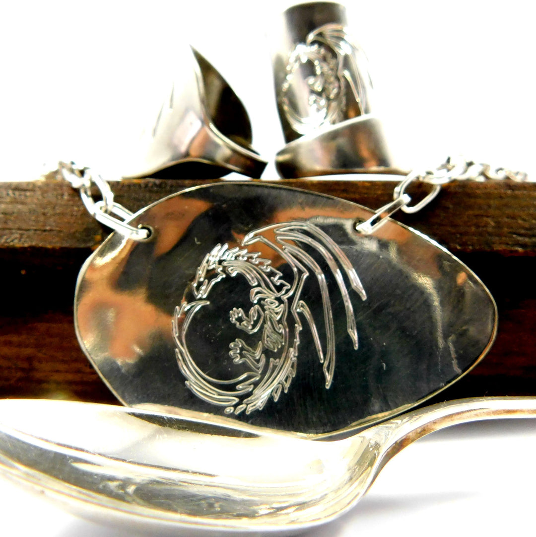 Engraved Dragon Silver Spoon Necklace