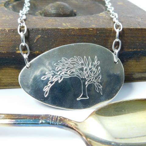Engraved Tree of Life Silver Spoon Necklace