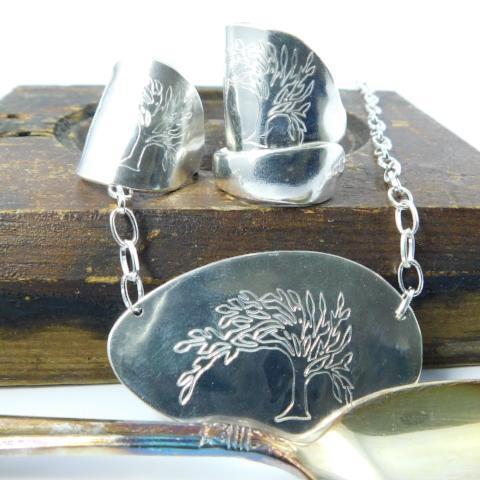 Engraved Tree of Life Silver Spoon Necklace