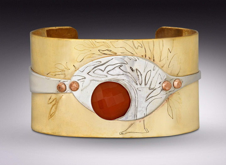 Engraved Tree of Life Spoon Bracelet, with Carnelian Gemstone & Brass Cuff