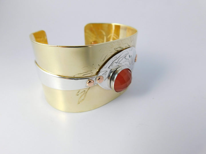 Engraved Tree of Life Spoon Bracelet, with Carnelian Gemstone & Brass Cuff