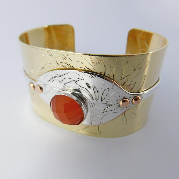 Engraved Tree of Life Spoon Bracelet, with Carnelian Gemstone & Brass Cuff