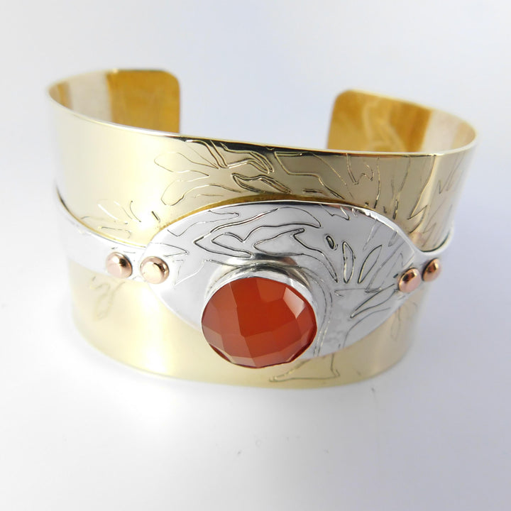 Engraved Tree of Life Spoon Bracelet, with Carnelian Gemstone & Brass Cuff