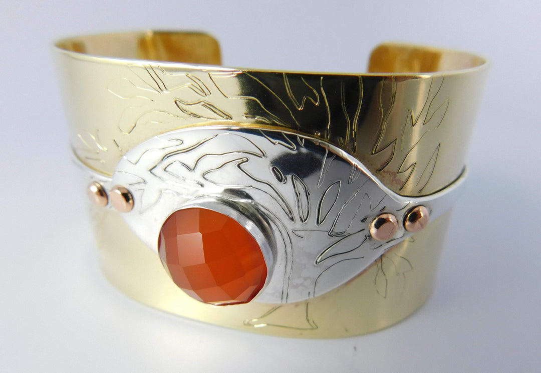 Engraved Tree of Life Spoon Bracelet, with Carnelian Gemstone & Brass Cuff