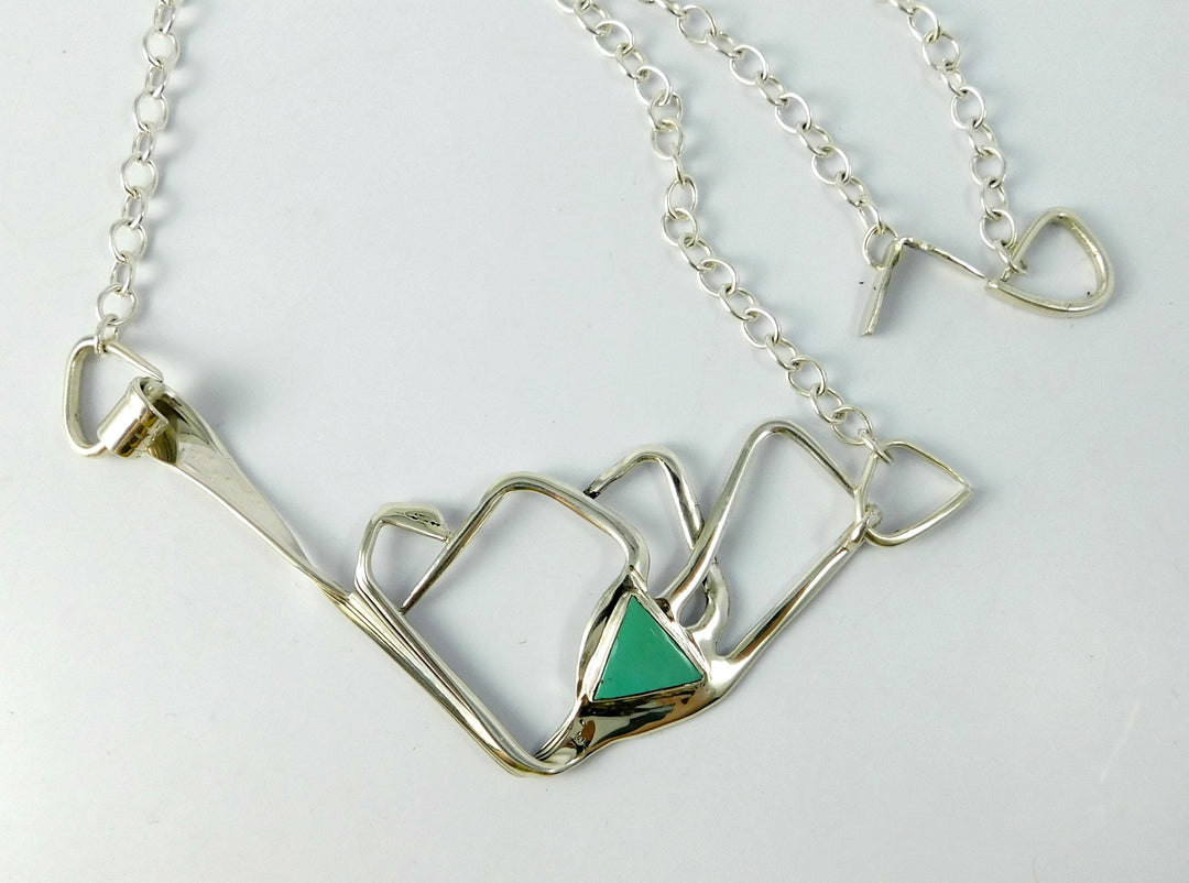 Mountain Range Necklace with Triangle Turquoise Stone, Silver Fork Necklace