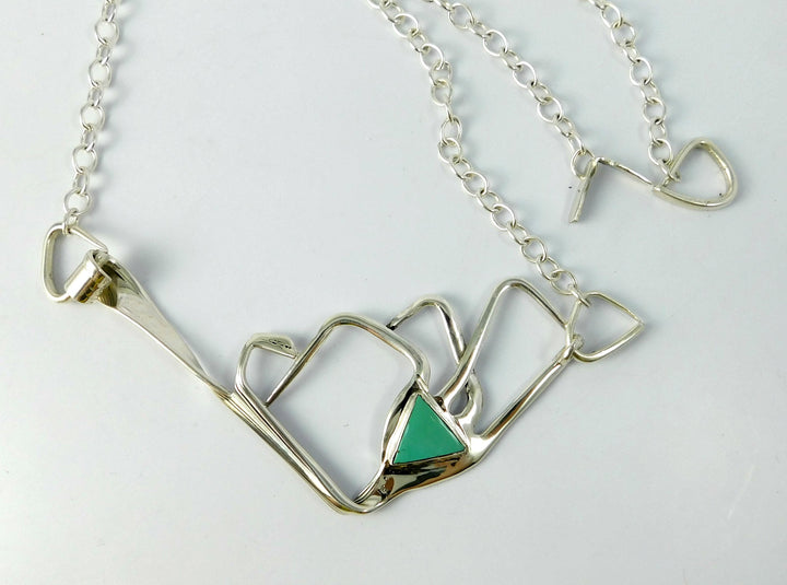 Mountain Range Necklace with Triangle Turquoise Stone, Silver Fork Necklace