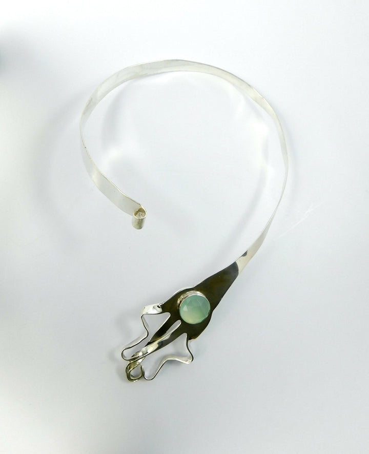 Silver Hamsa Open Choker Chalcedony Gemstone Fork Necklace