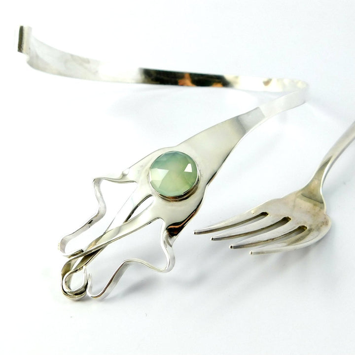 Silver Hamsa Open Choker Chalcedony Gemstone Fork Necklace