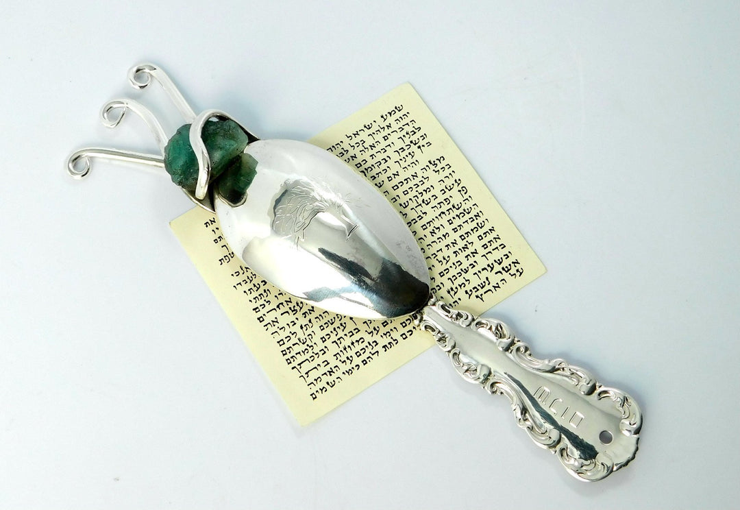 Silver Mezuzah Case with Rough Emerald, Flatware Mezuzah Judaica